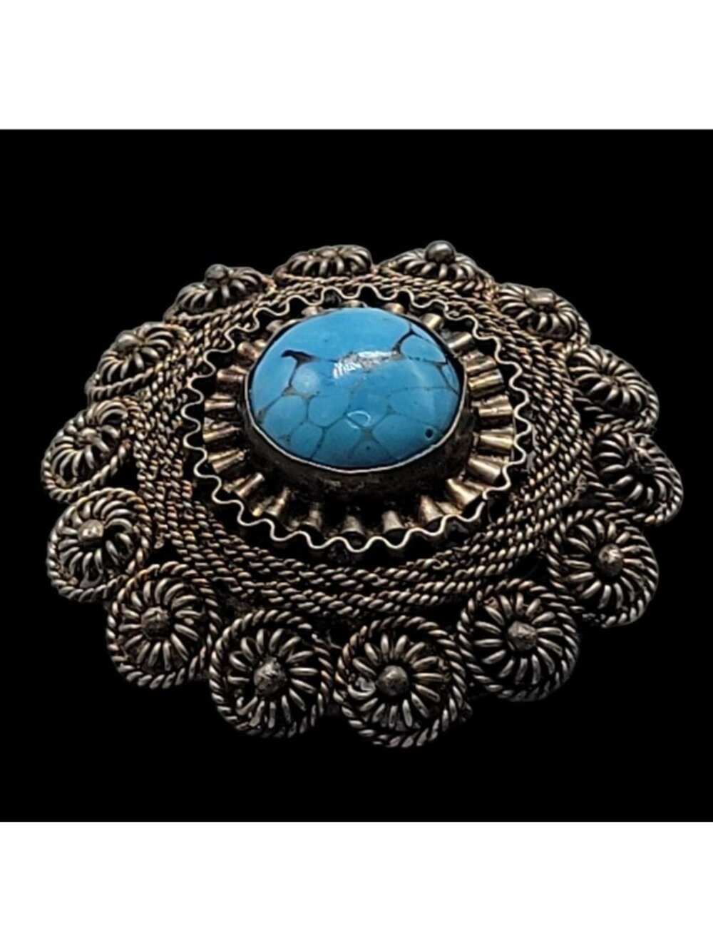 Faux Turquoise Silver Plated Brooch Pendant Blue Glass Filigree Setting Vintage - Picture 11 of 16